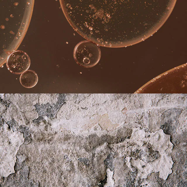 A split image featuring a close-up of an oily texture, and dry flaking render on a brick wall.