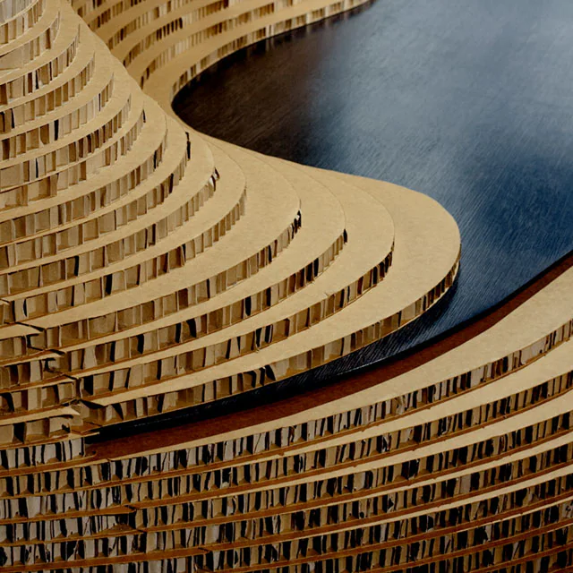 Two curved surfaces of contrasting textures. 