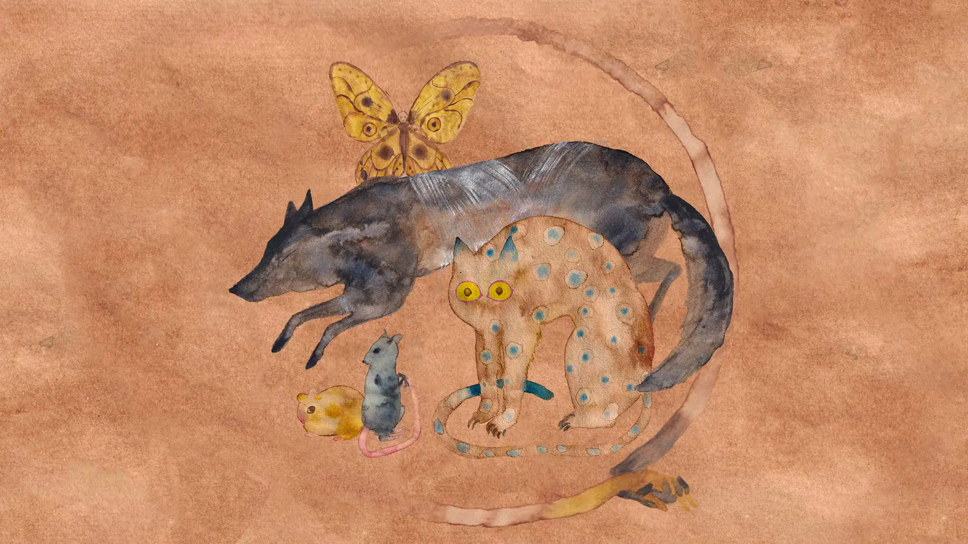 Watercolour illustration of various creatures.