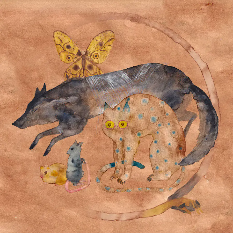 Watercolour illustration of various creatures.