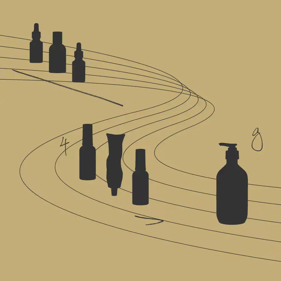 Silhouettes of Aesop products on a musical scale.