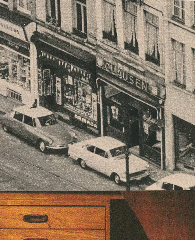 Photograph collage of cars lined up on a street and a set of drawers
