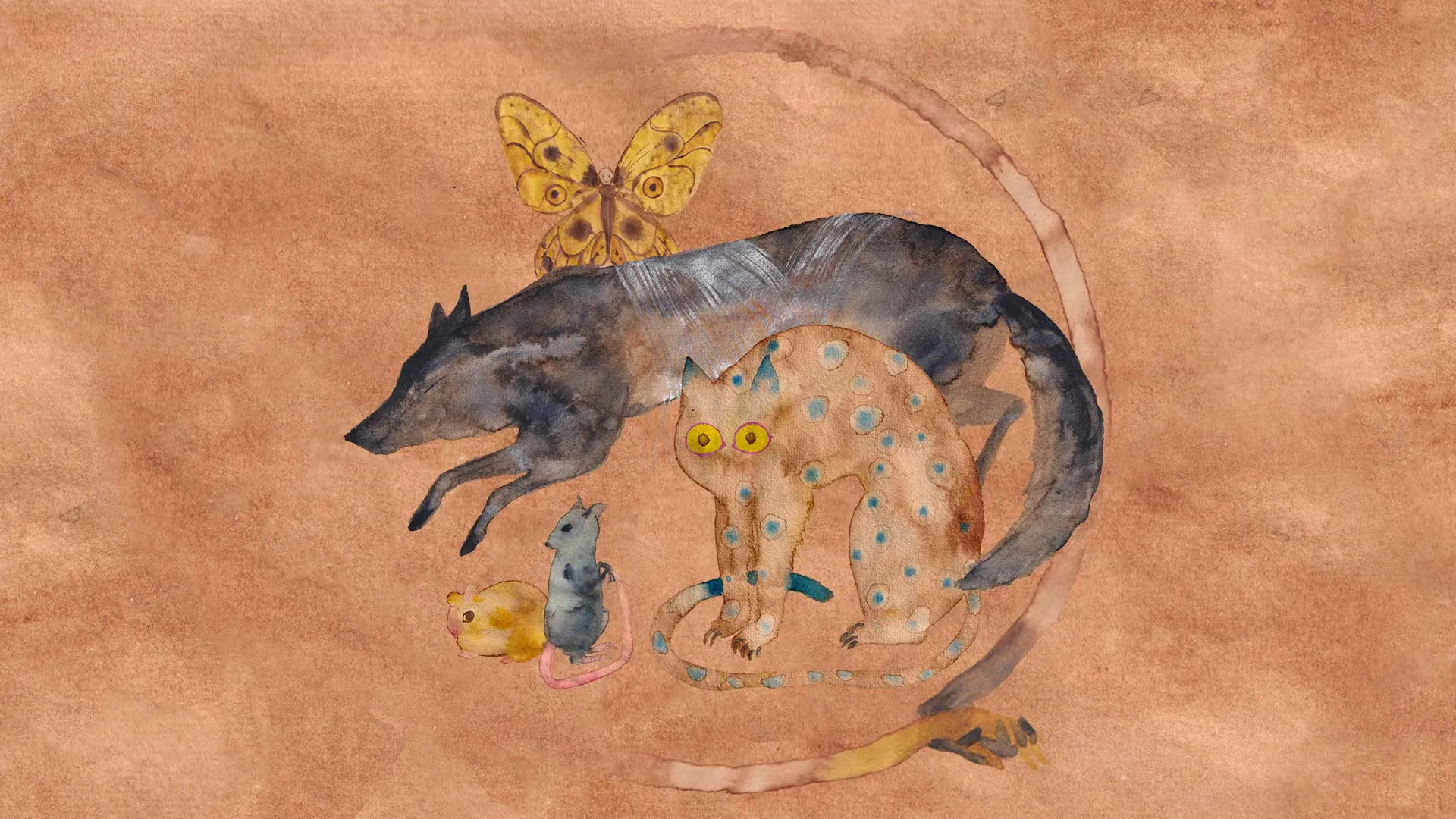 Watercolour illustration of various creatures.